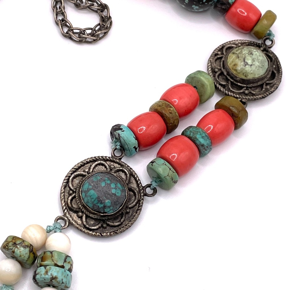 Vintage Tibetan Nepalese Style Turquoise Coral Stone Statement Necklace - Picture 3 of 13